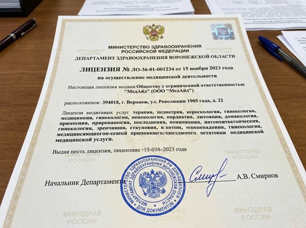 Лицензия на осуществление медицинской деятельности ООО МедАйд Воронеж, официальный бланк Министерства здравоохранения, синяя печать и подпись руководителя